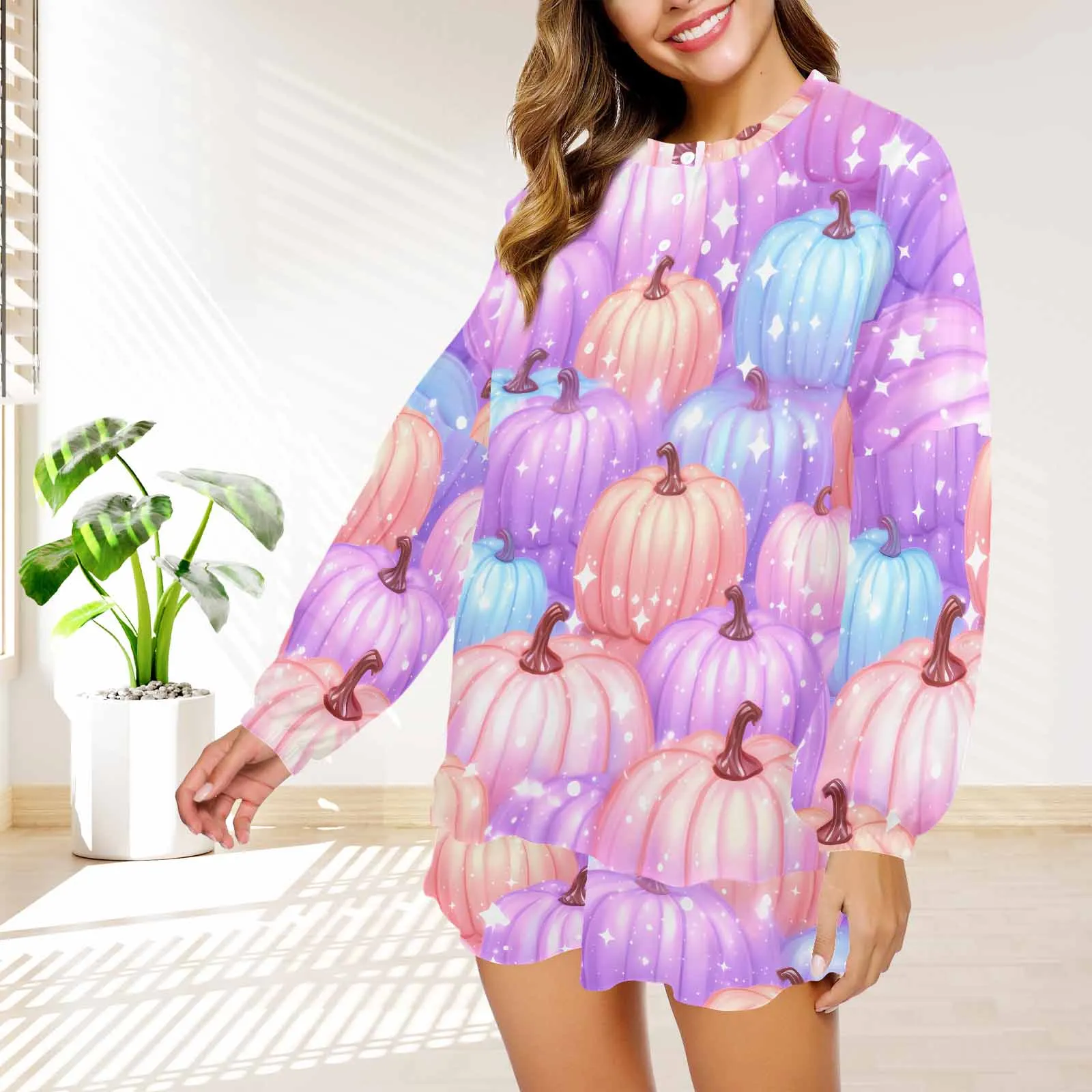 Pastel Pumpkin  Women's Long Sleeve Pajama Set with Shorts