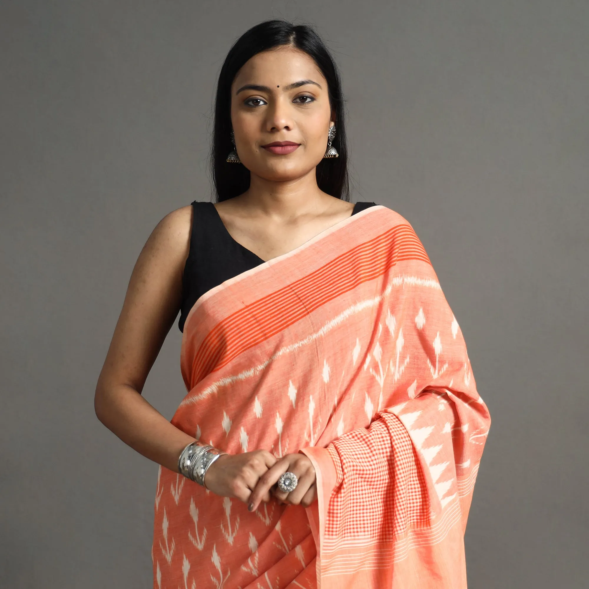 Peach -Pochampally Ikat Weave Handloom Cotton Saree