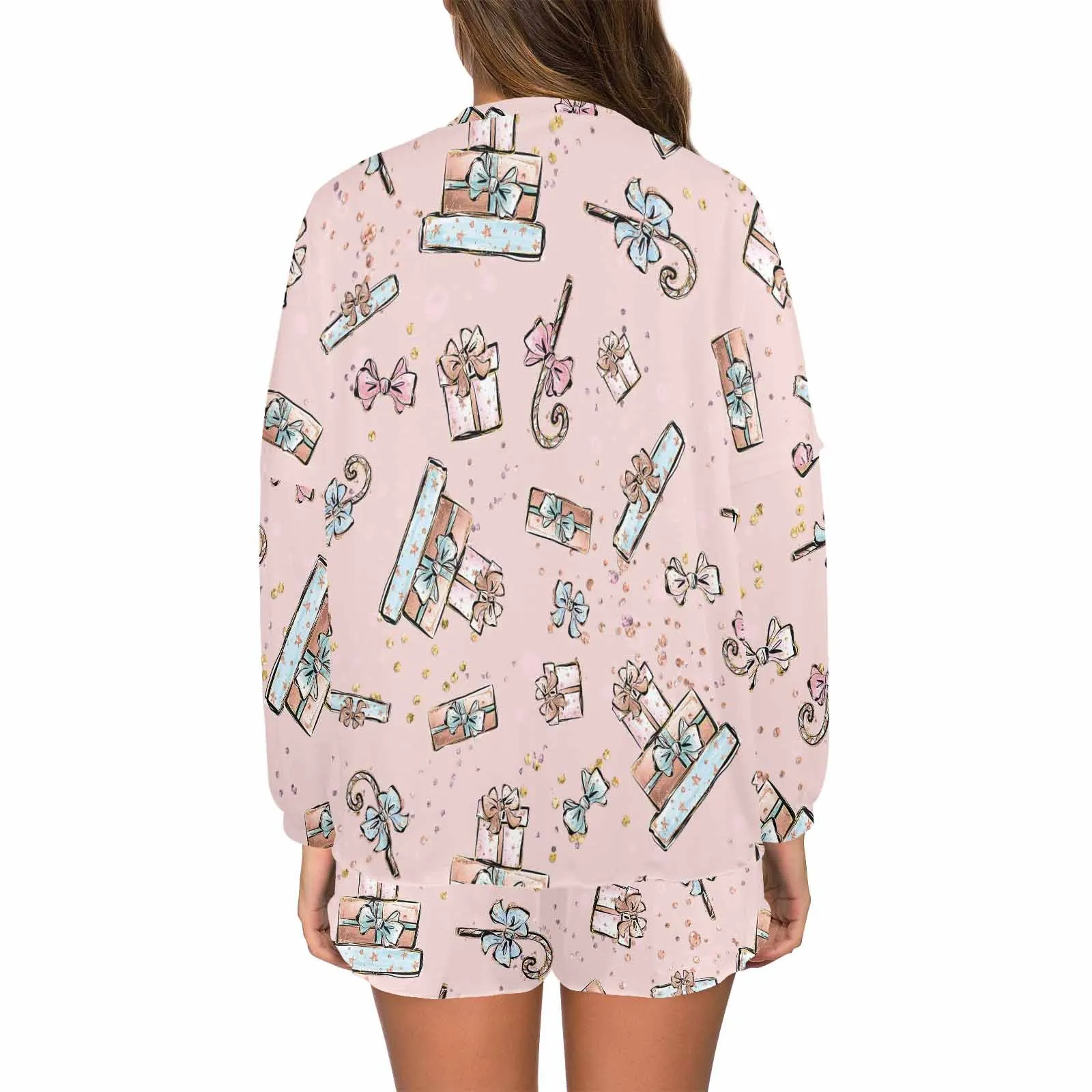 Pink Christmas  Women's Long Sleeve Pajama Set with Shorts