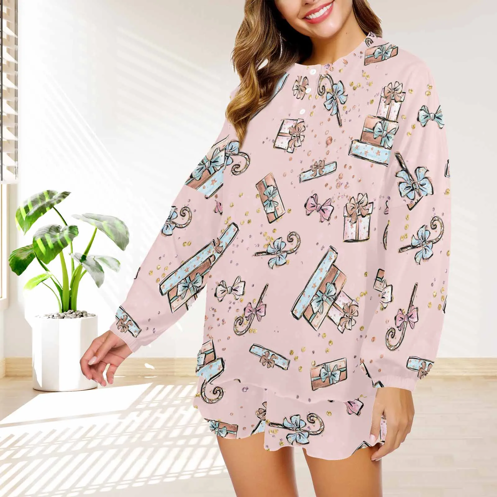 Pink Christmas  Women's Long Sleeve Pajama Set with Shorts