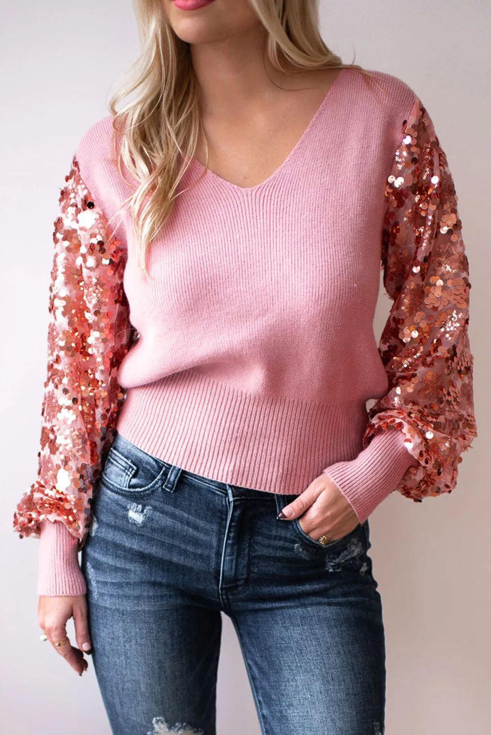 Pink Sequins Splicing Sleeve Ribbed Sweater