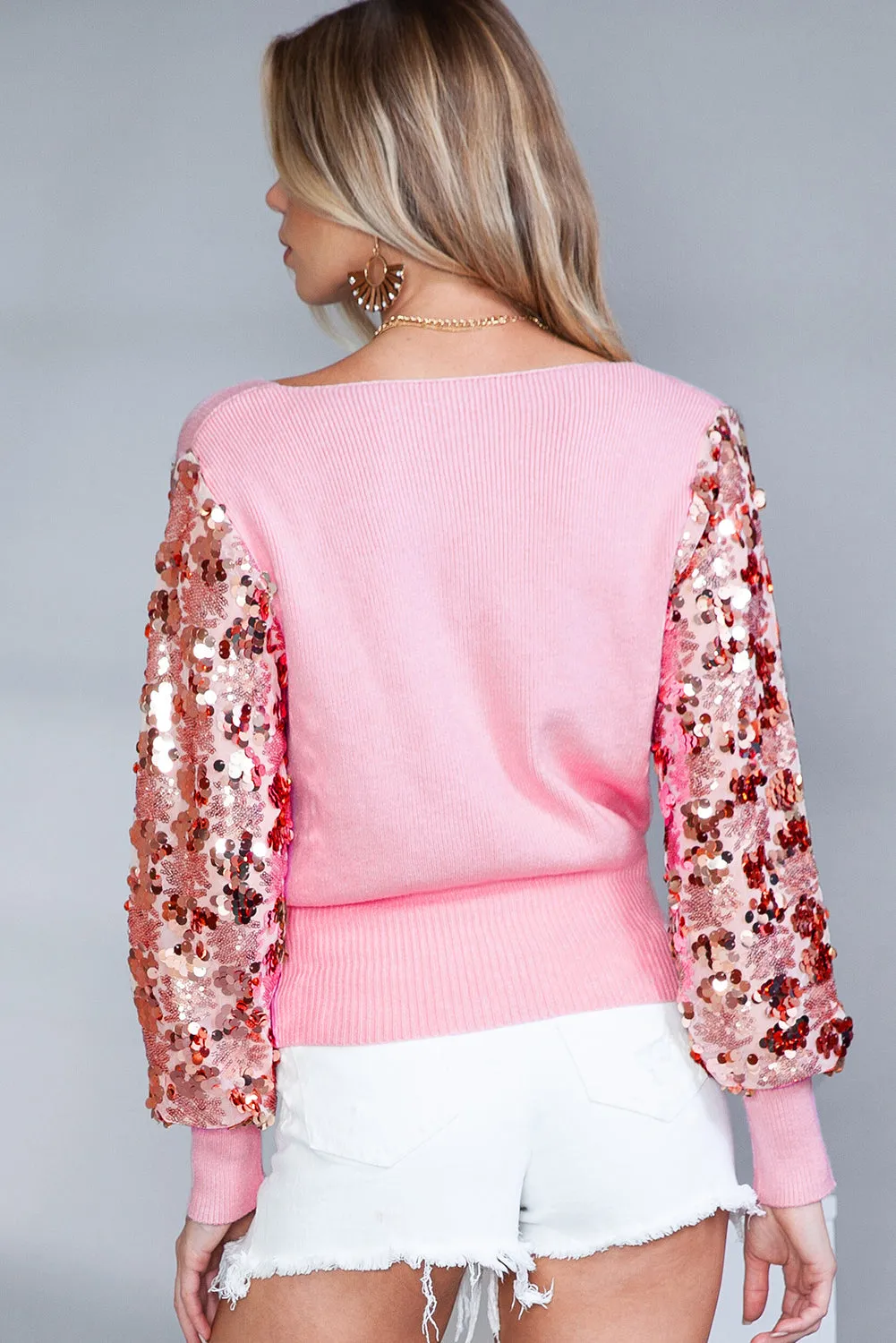 Pink Sequins Splicing Sleeve Ribbed Sweater