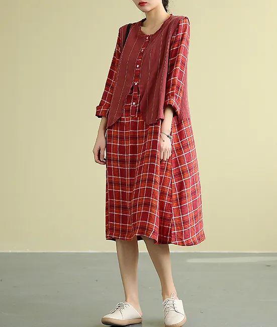 Plaid Summer  Spring 100%  Linen  Women loose Dresses DZA05195