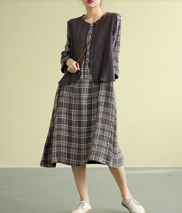 Plaid Summer  Spring 100%  Linen  Women loose Dresses DZA05195