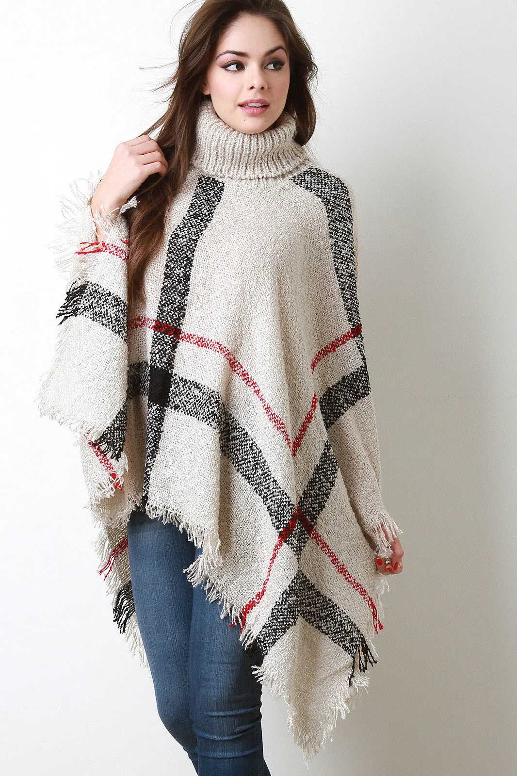 Plaid Turtleneck Poncho