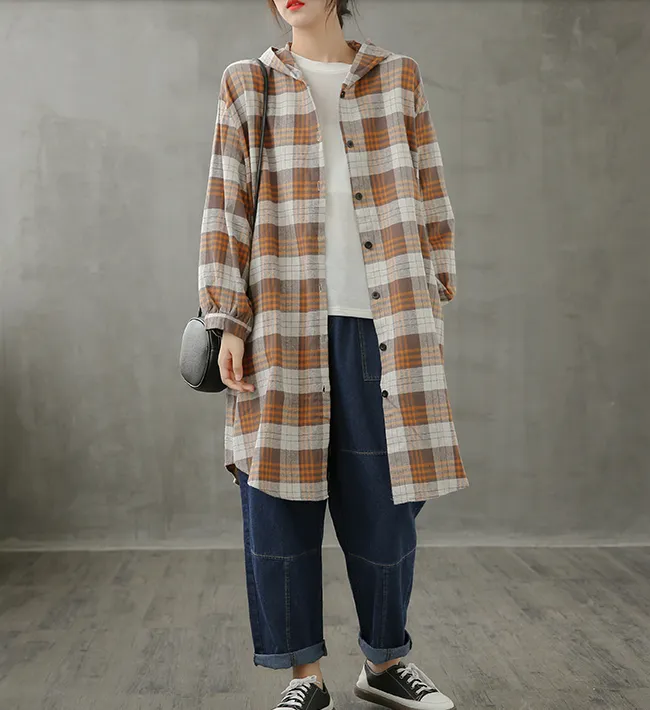 Plaid Women Casual Blouse Cotton Linen Shirts Tops DZA200961