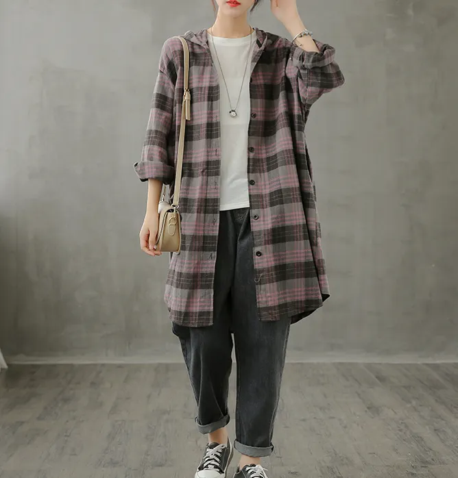 Plaid Women Casual Blouse Cotton Linen Shirts Tops DZA200961