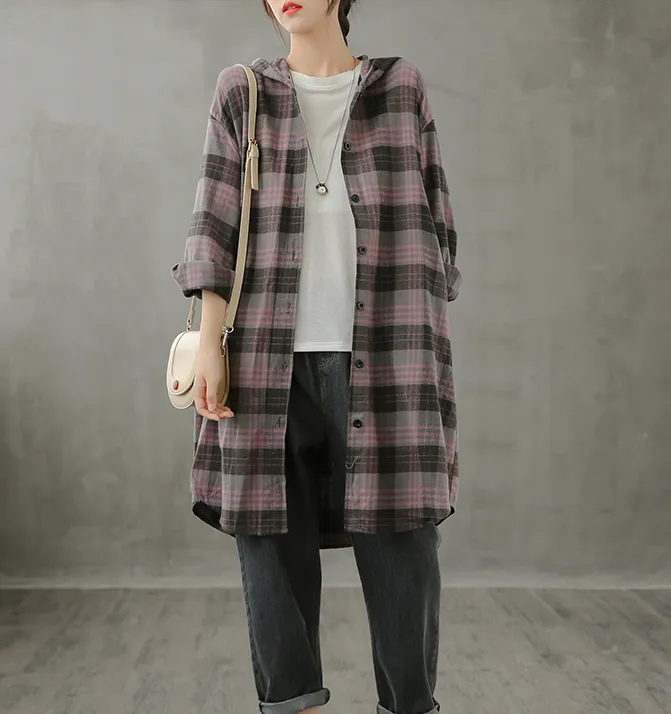 Plaid Women Casual Blouse Cotton Linen Shirts Tops DZA200961