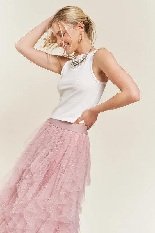 Plus Swiss Dot Mesh Layered Ruffle Midi Skirt