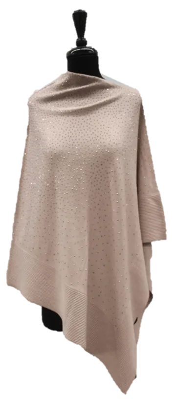 Poncho with Embellishments and Ribbed Border - Pink