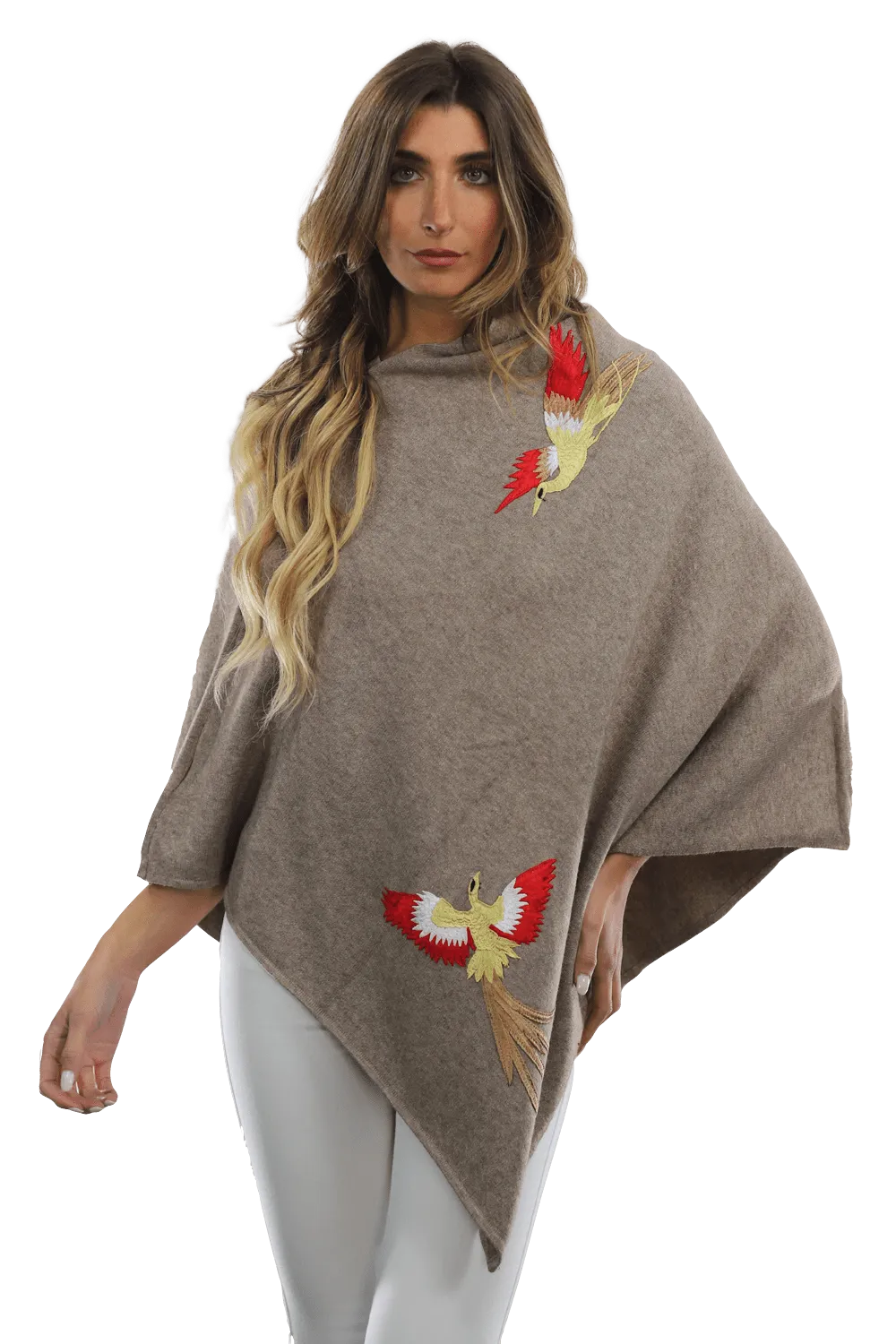 Poncho with Embroidered Phoenix - Camel Red