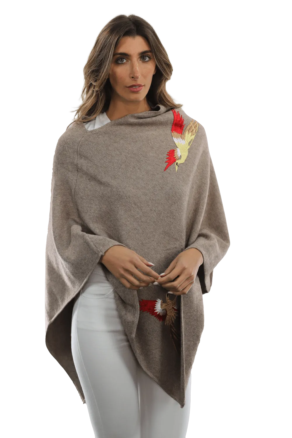 Poncho with Embroidered Phoenix - Camel Red