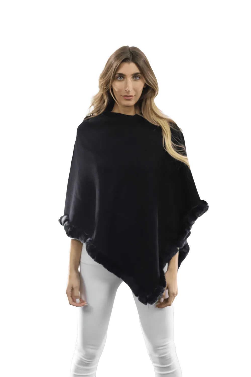 Poncho with Rex Rabbit Trim- Black