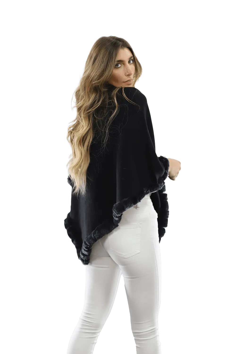 Poncho with Rex Rabbit Trim- Black