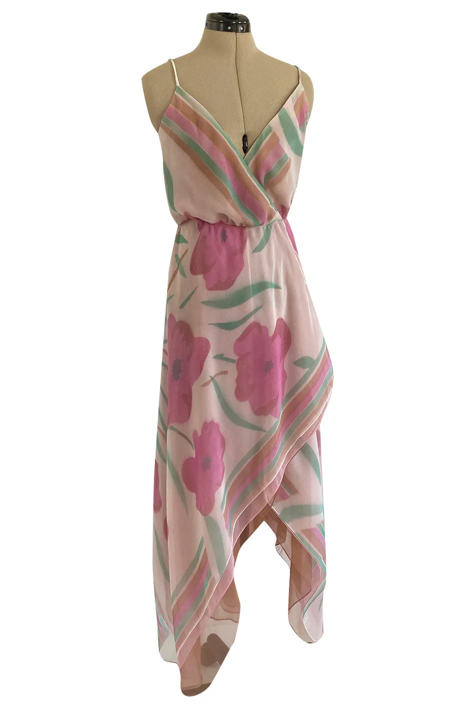 Pretty 1970s Multiple Layer Pink Floral Chiffon Wrap Dress w Asymmetrical Hem