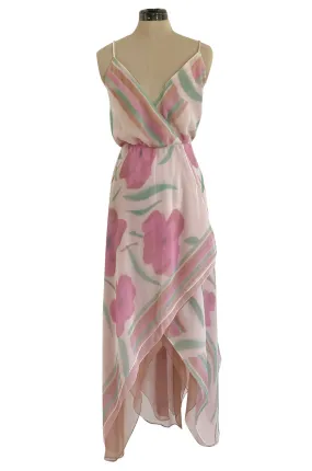 Pretty 1970s Multiple Layer Pink Floral Chiffon Wrap Dress w Asymmetrical Hem