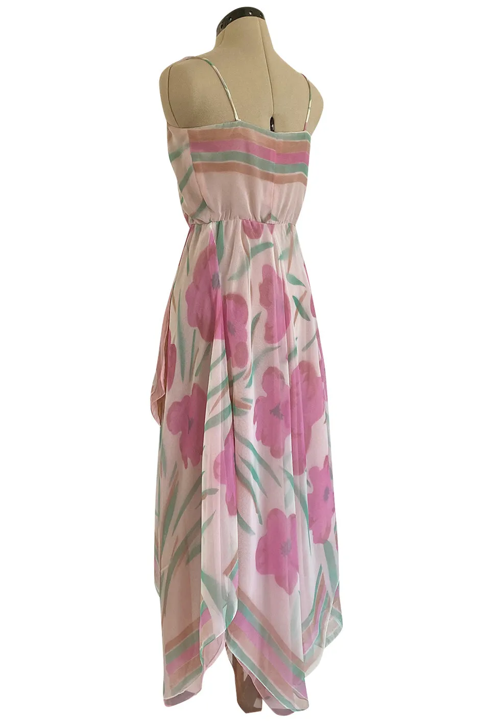 Pretty 1970s Multiple Layer Pink Floral Chiffon Wrap Dress w Asymmetrical Hem