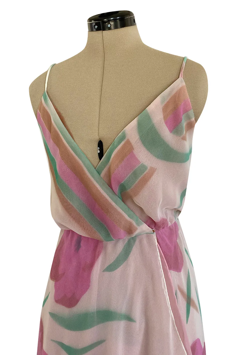 Pretty 1970s Multiple Layer Pink Floral Chiffon Wrap Dress w Asymmetrical Hem