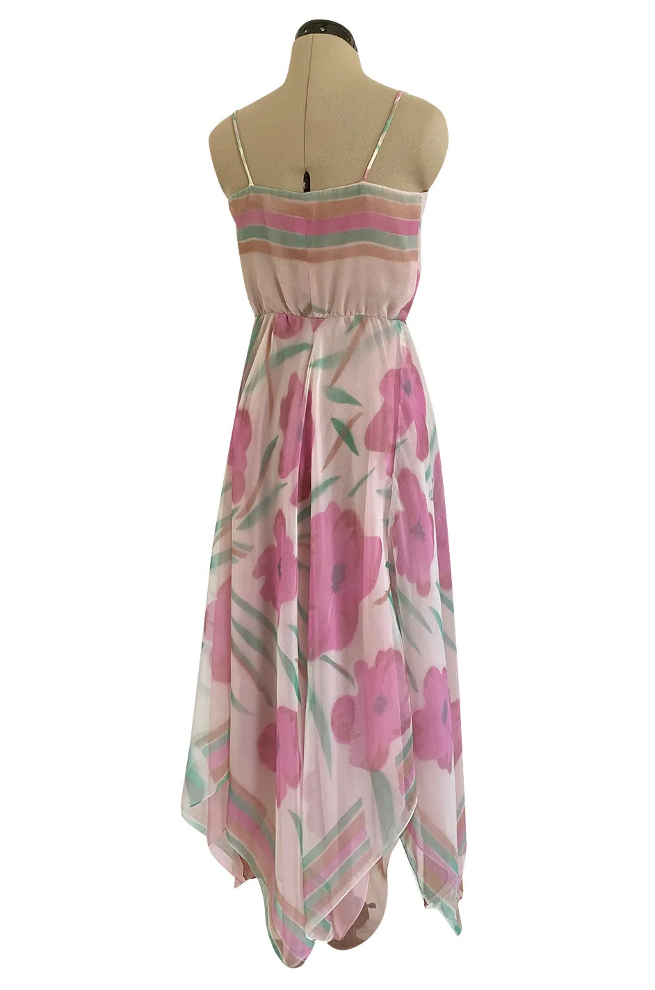 Pretty 1970s Multiple Layer Pink Floral Chiffon Wrap Dress w Asymmetrical Hem