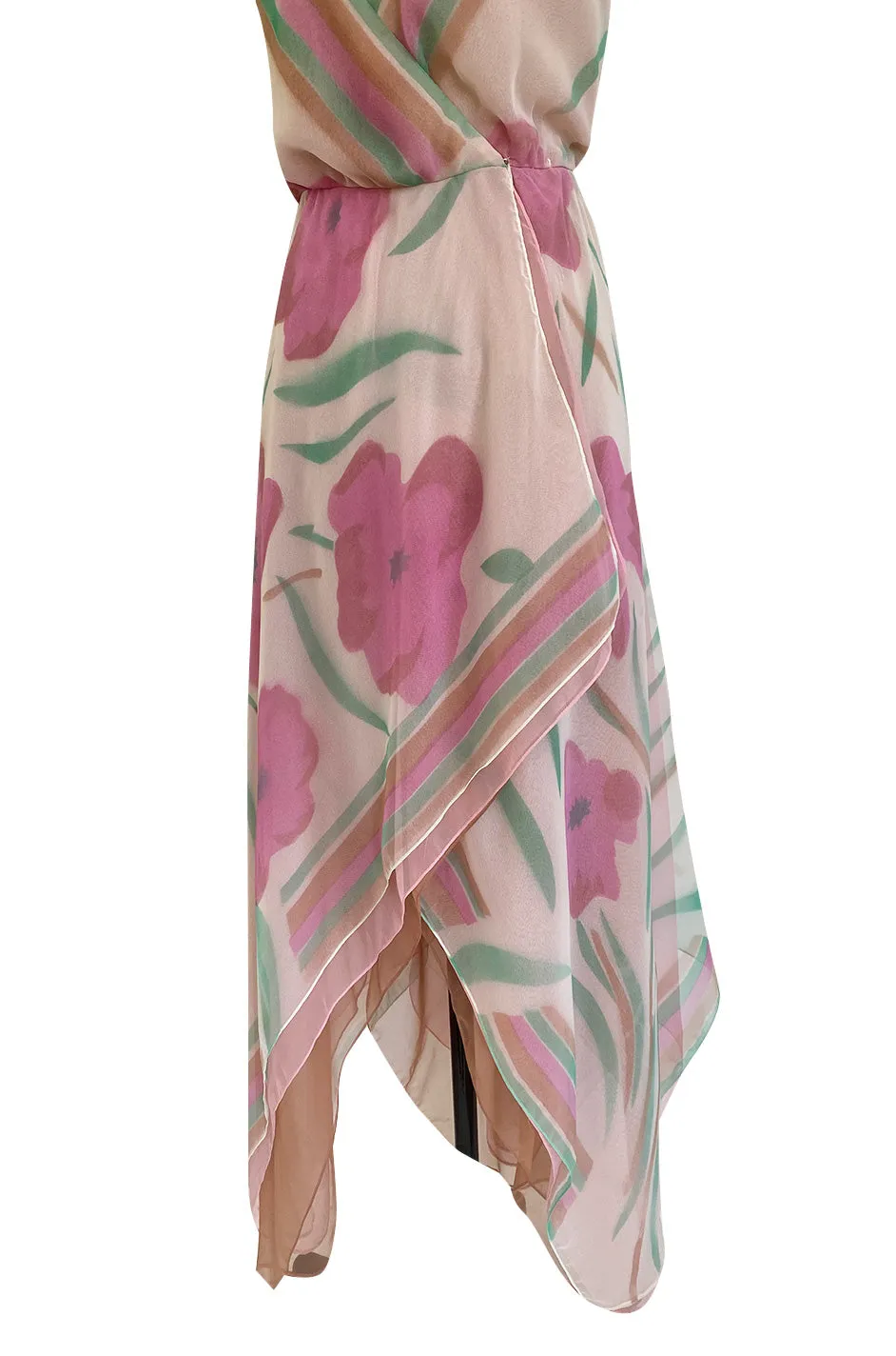 Pretty 1970s Multiple Layer Pink Floral Chiffon Wrap Dress w Asymmetrical Hem