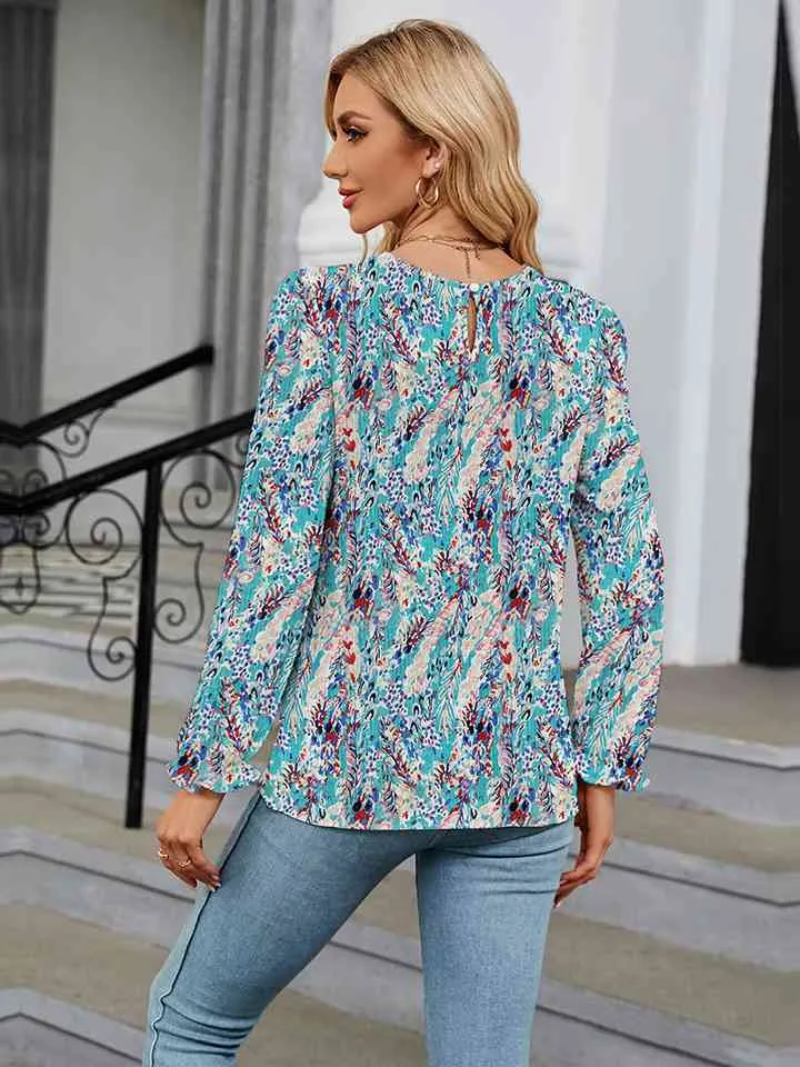 Printed Round Neck Flounce Sleeve Blouse