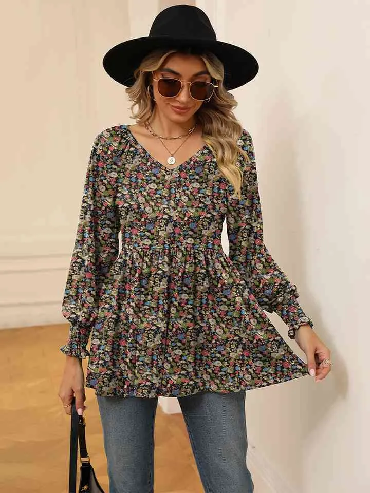 Printed V-Neck Lantern Sleeve Blouse