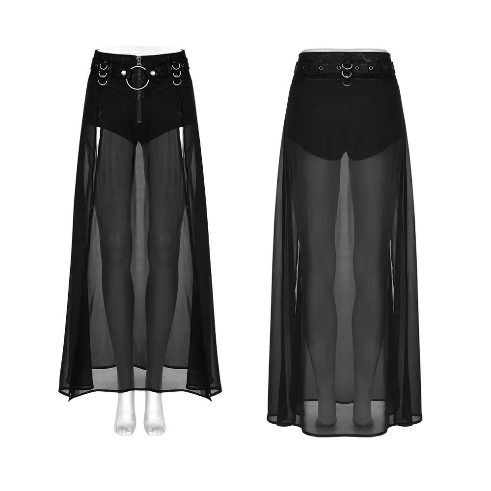 Punk Rave Sheer Overlay Split Skirt with Detachable Belt