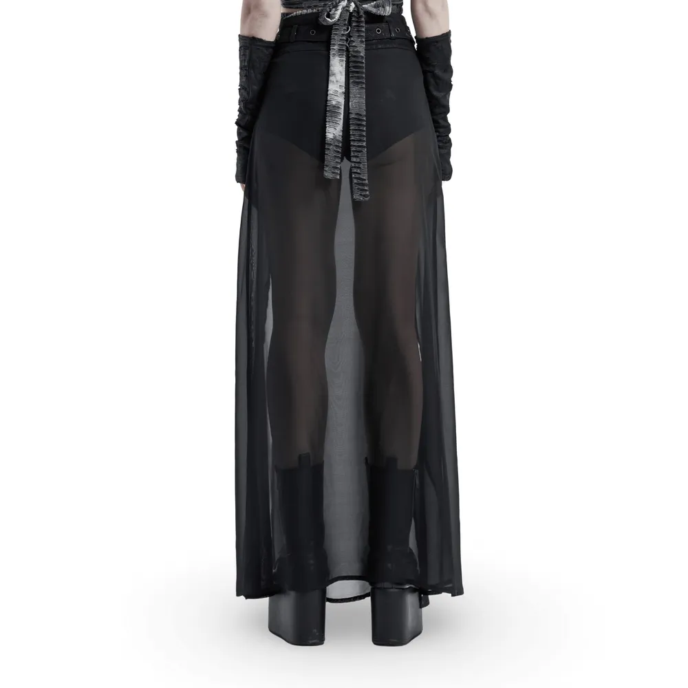 Punk Rave Sheer Overlay Split Skirt with Detachable Belt