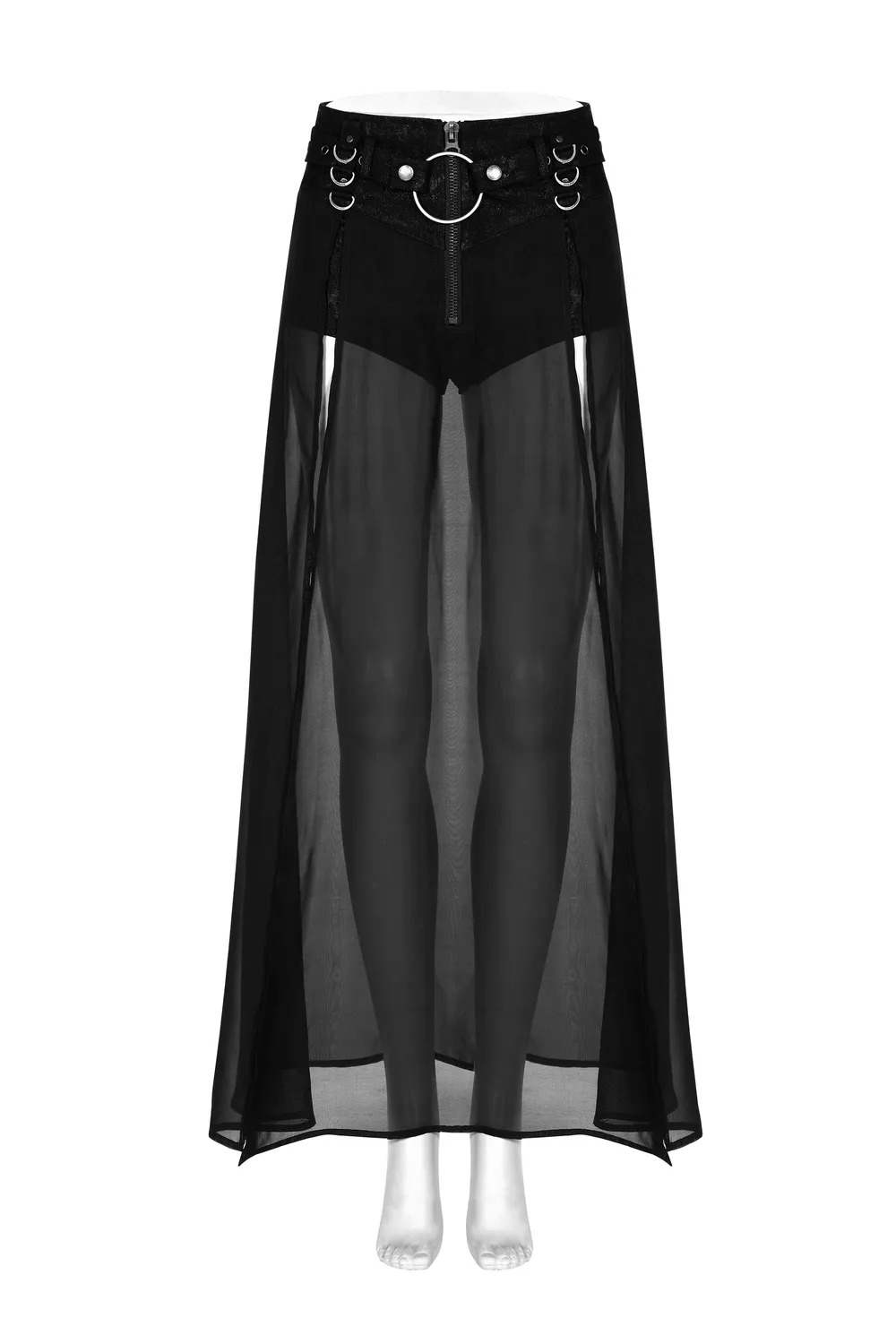 Punk Rave Sheer Overlay Split Skirt with Detachable Belt