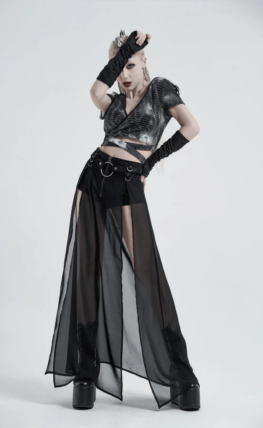 Punk Rave Sheer Overlay Split Skirt with Detachable Belt