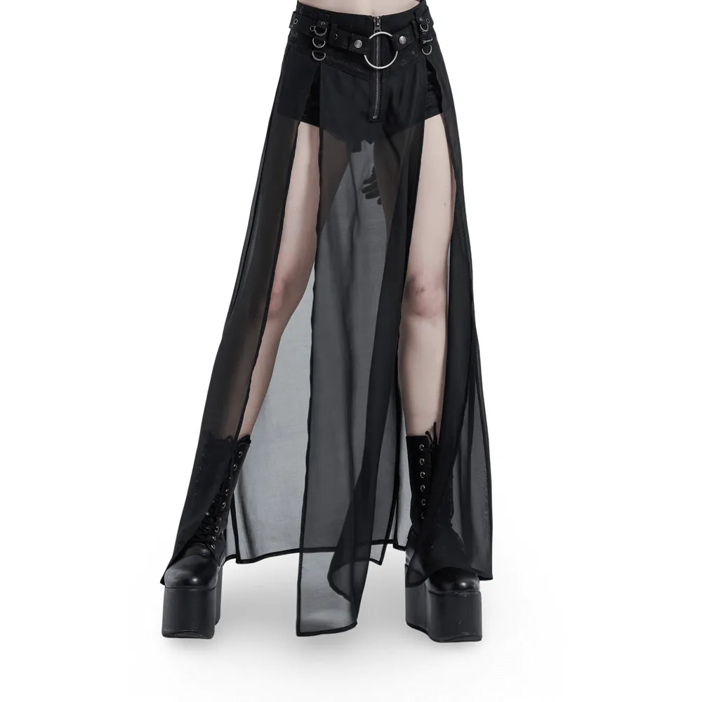 Punk Rave Sheer Overlay Split Skirt with Detachable Belt