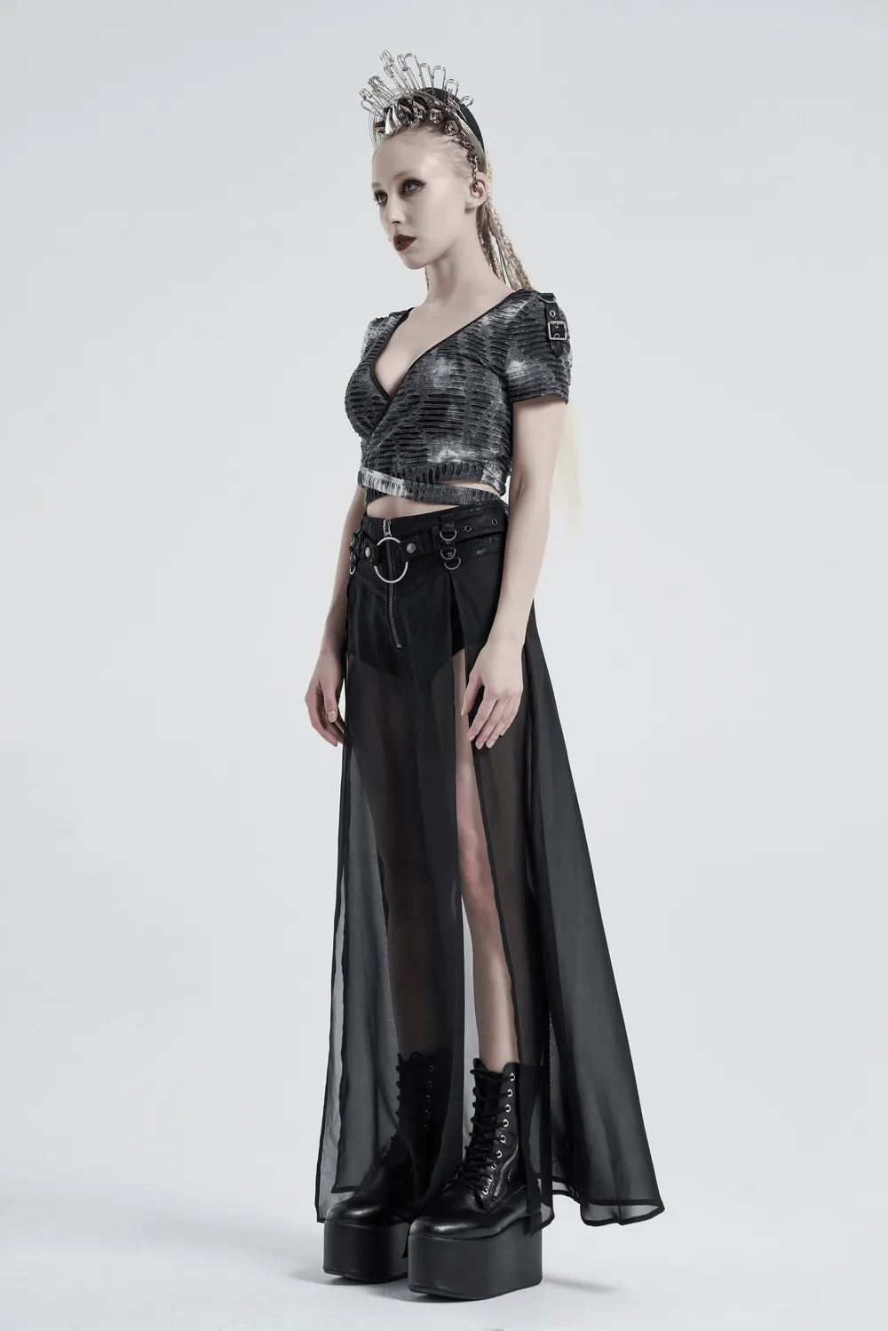 Punk Rave Sheer Overlay Split Skirt with Detachable Belt