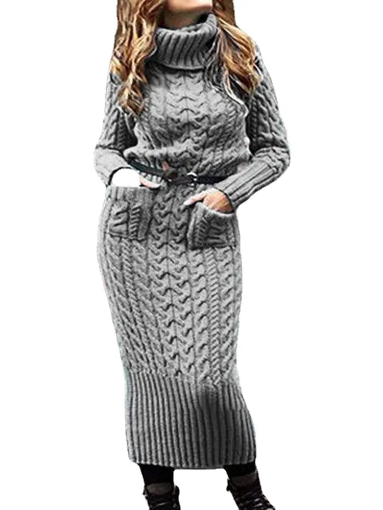 Pure Color High Collar Long Sleeve Knit Sweater Dress