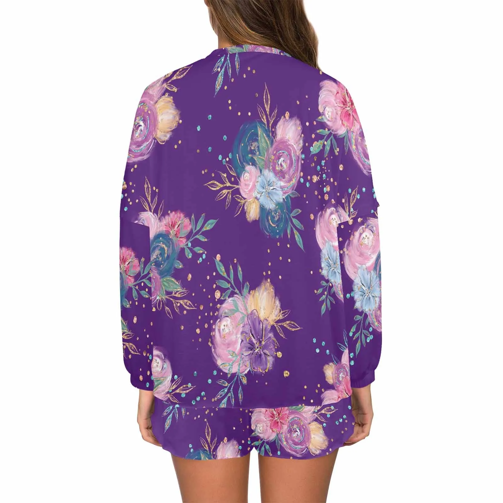 Purple Floral  Women's Long Sleeve Pajama Set with Shorts