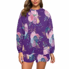 Purple Floral  Women's Long Sleeve Pajama Set with Shorts