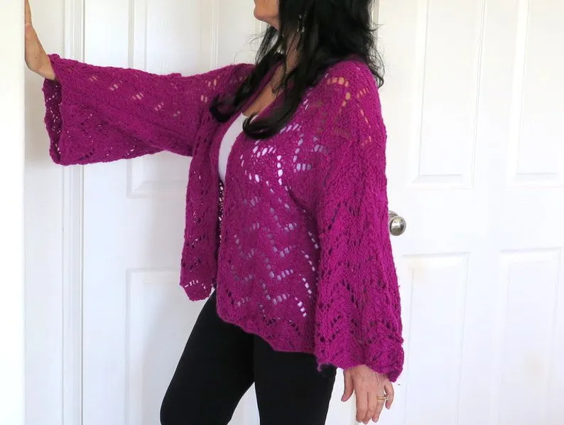 Purple Hand Knit Angora Cardigan Sweater, Plus Size Angora Sweater Shrug