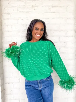 Queen Of Sparkles Green Scattered Rhinestone Feather Tinsel Sweatshirt