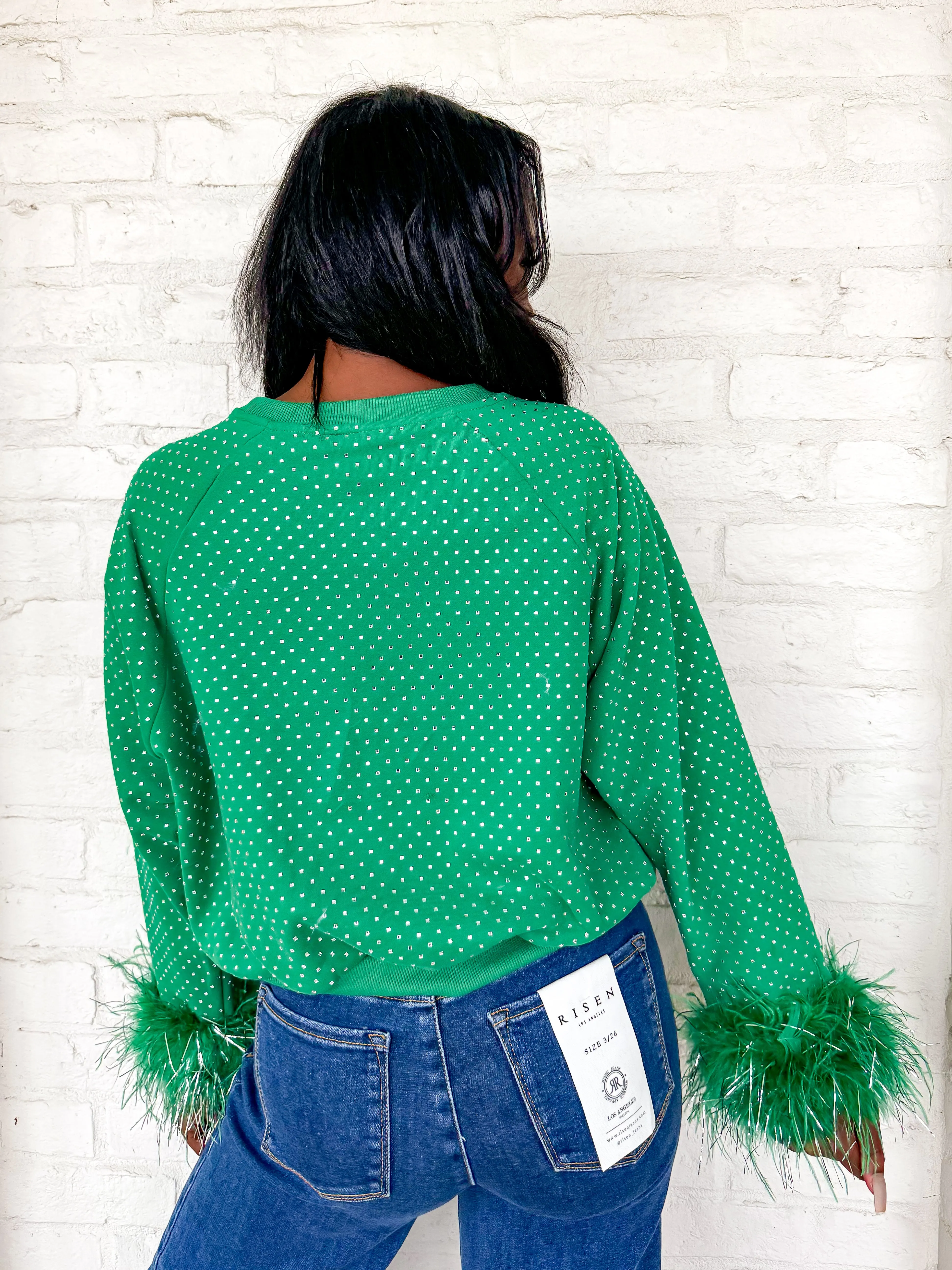 Queen Of Sparkles Green Scattered Rhinestone Feather Tinsel Sweatshirt