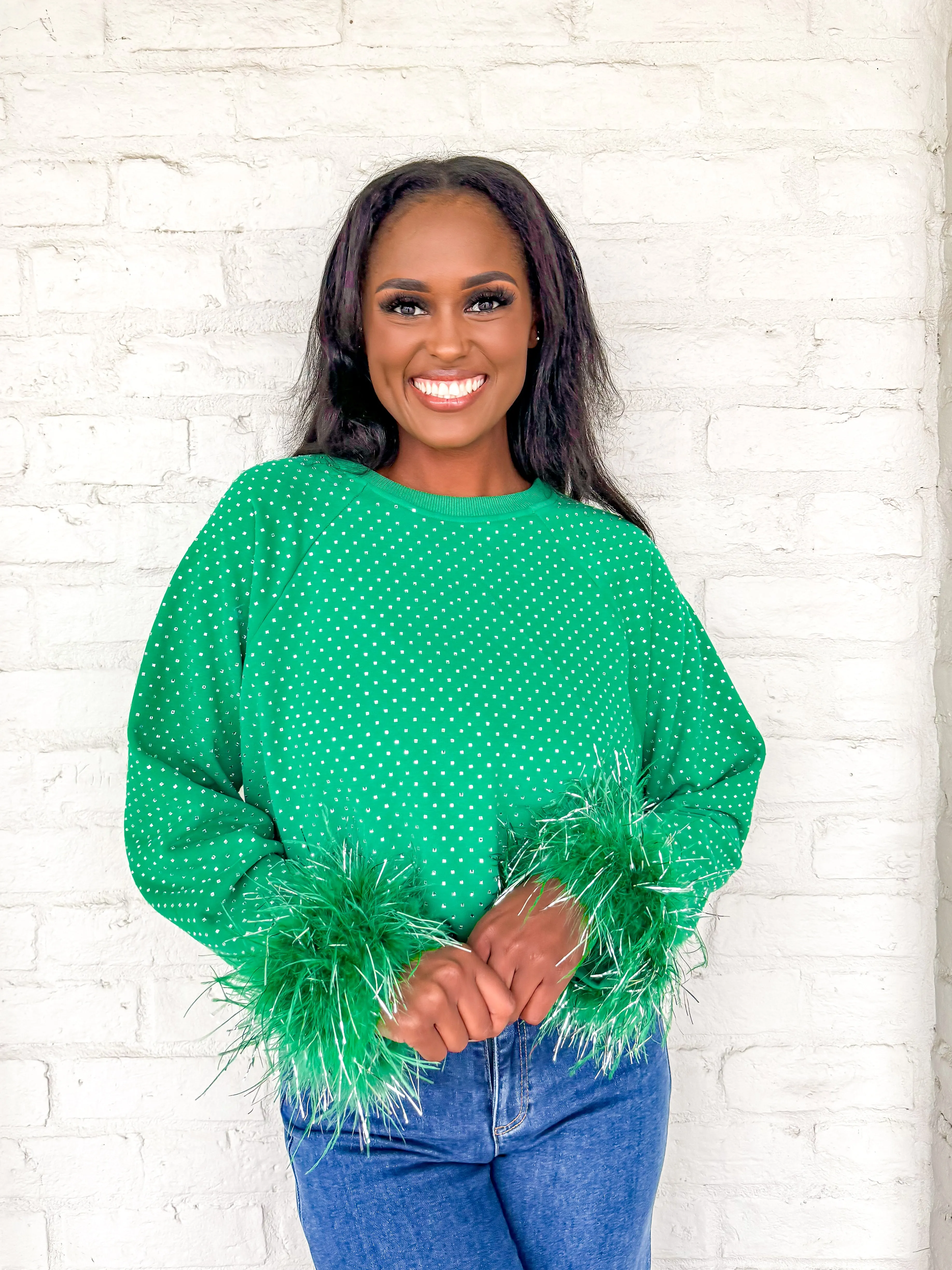 Queen Of Sparkles Green Scattered Rhinestone Feather Tinsel Sweatshirt