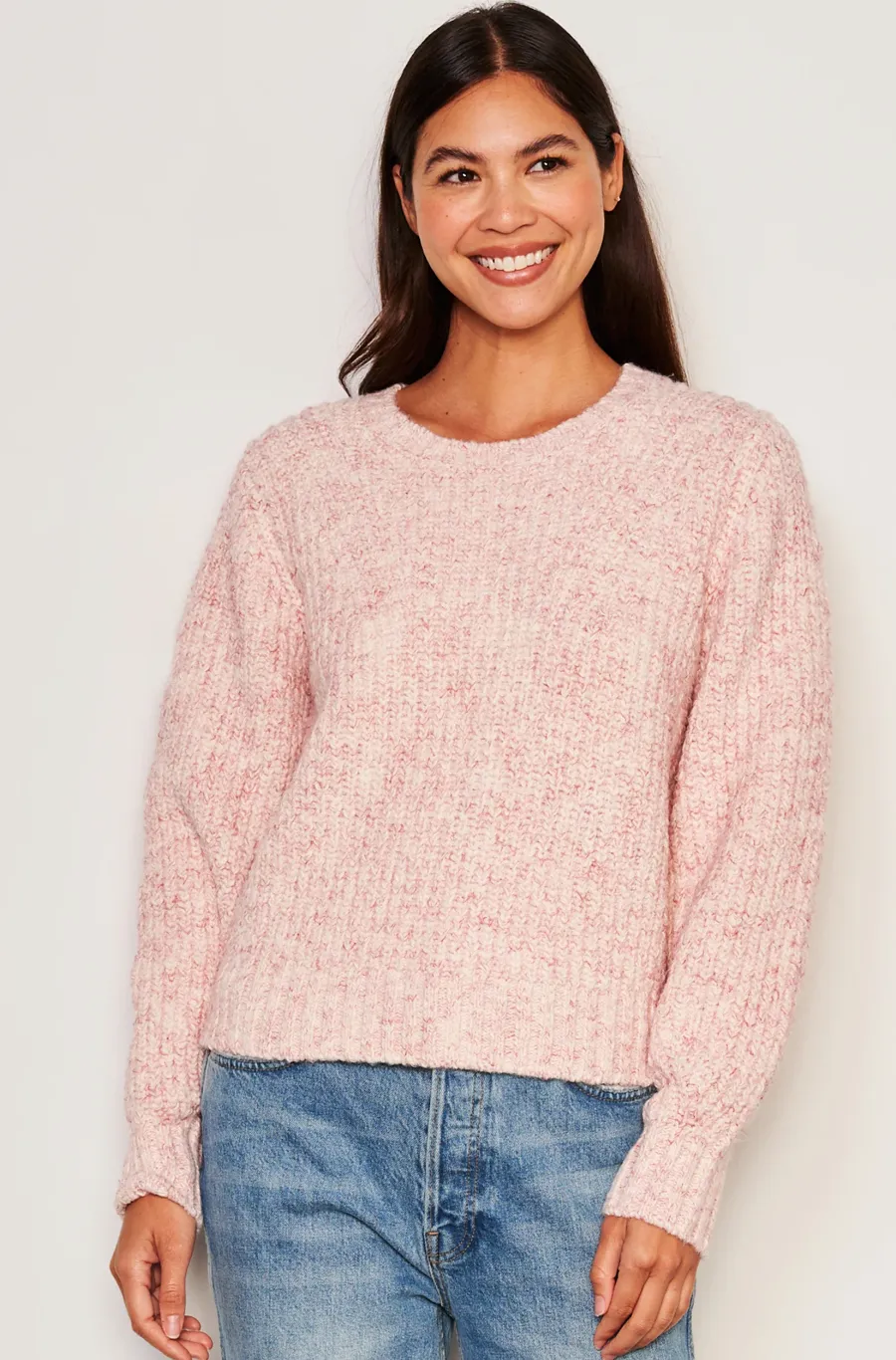 RIB TRANSFER CREW NECK SWEATER - GUAVA