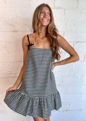 Ribbon Strap Ruffle Hem Plaid Dress