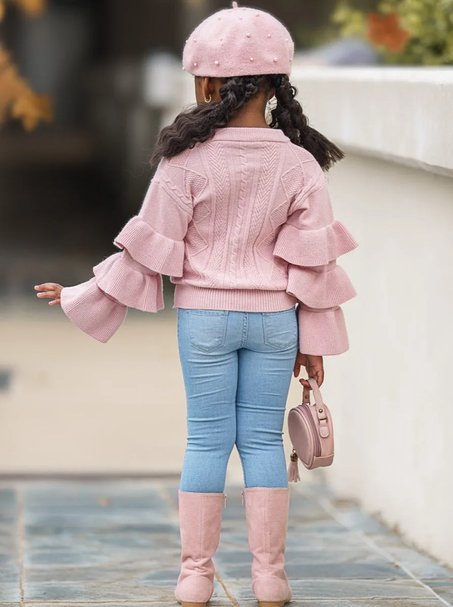 Rose Pink Tiered Sleeve Cable Knit Sweater