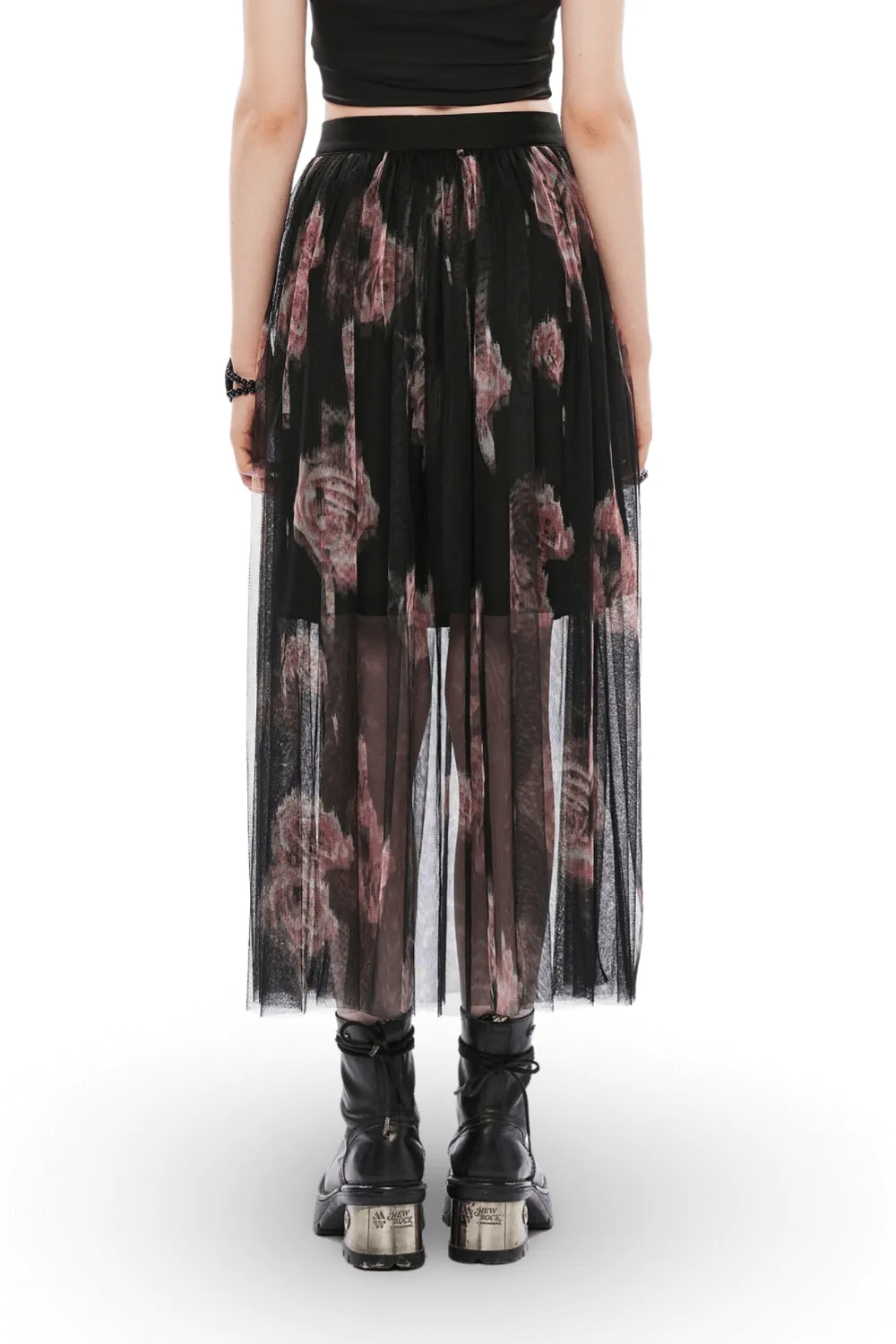 Rose-Print Layered Gauze Midi Skirt with Logo Waistband