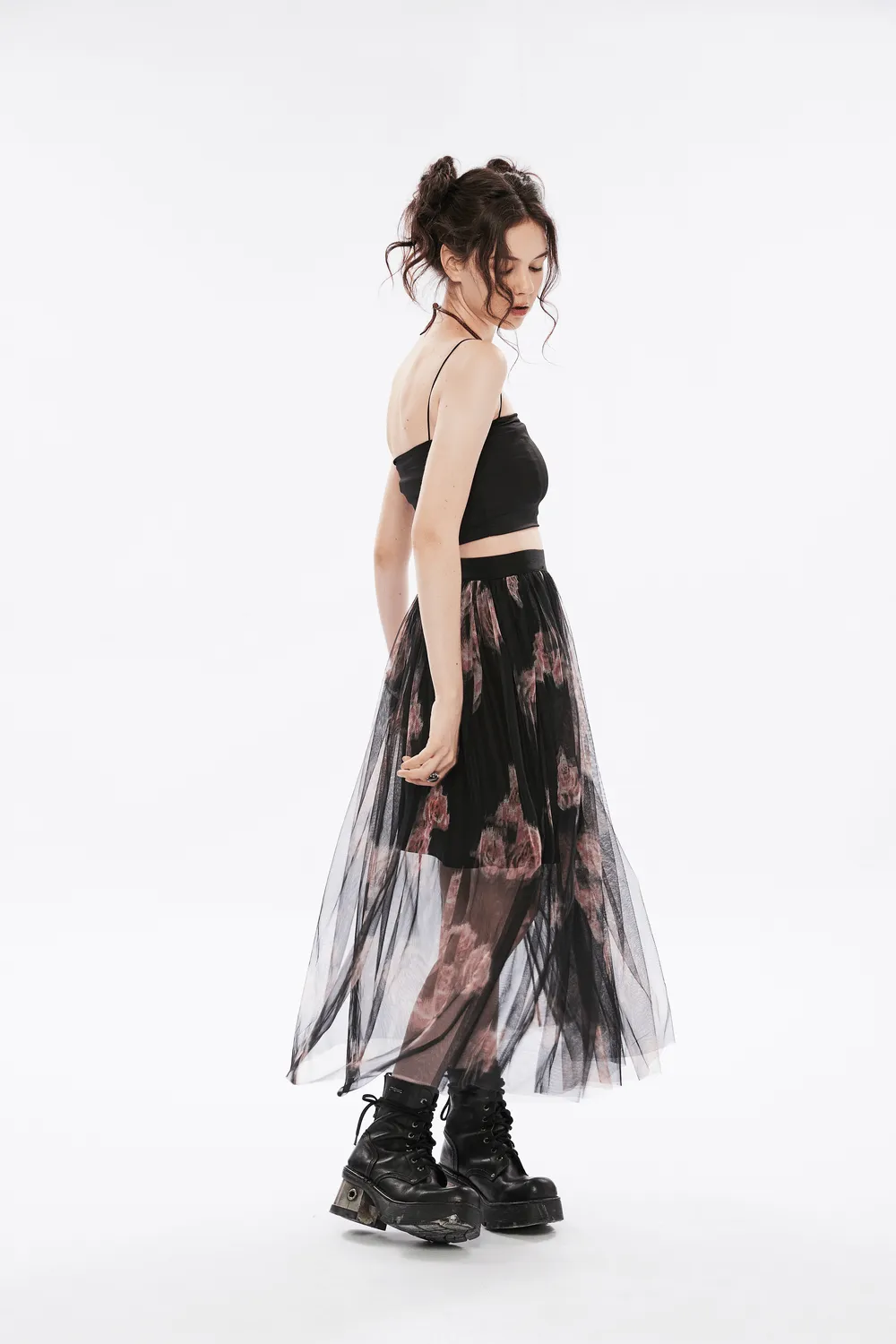 Rose-Print Layered Gauze Midi Skirt with Logo Waistband