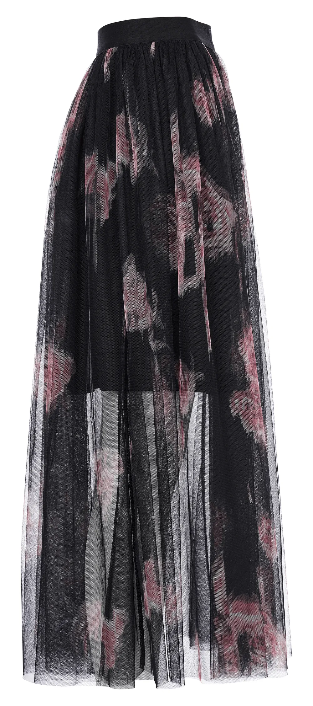 Rose-Print Layered Gauze Midi Skirt with Logo Waistband