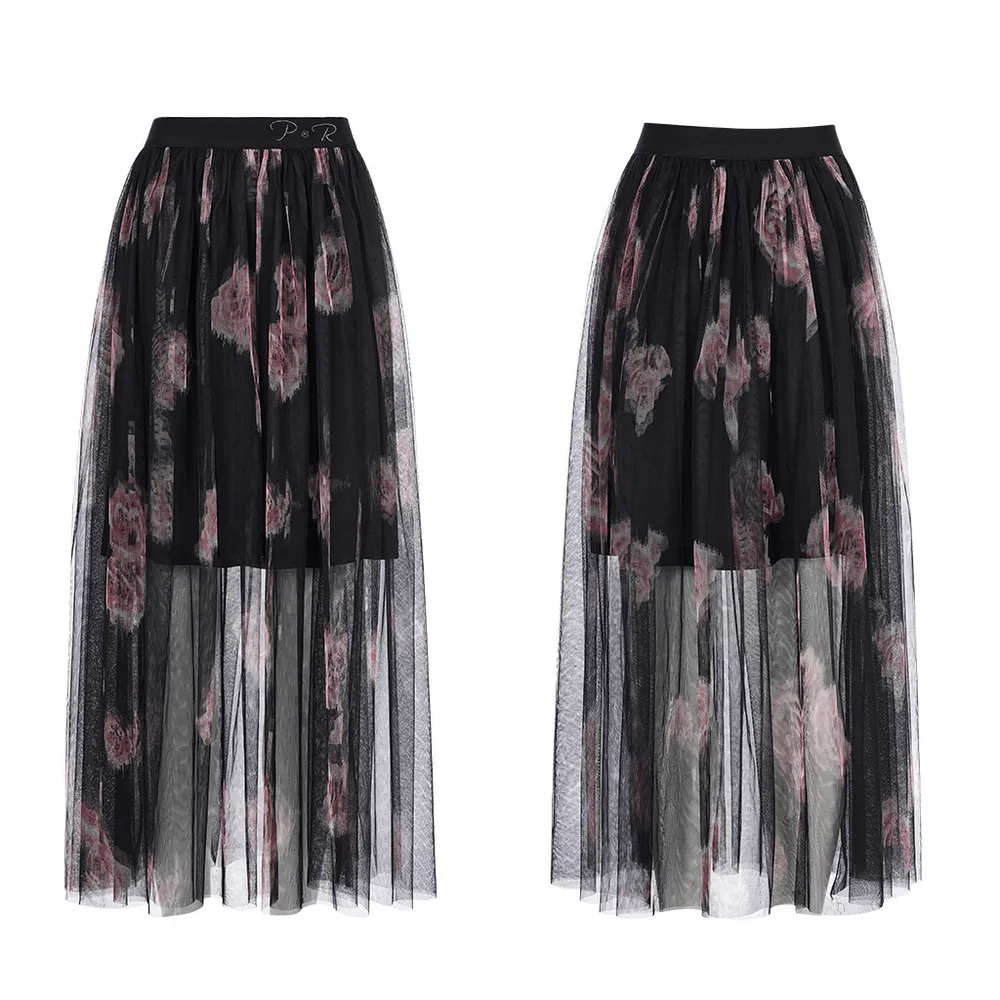 Rose-Print Layered Gauze Midi Skirt with Logo Waistband