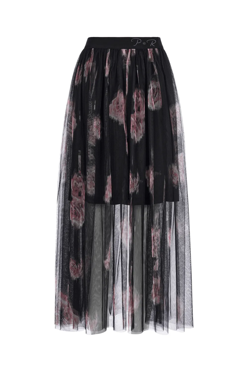 Rose-Print Layered Gauze Midi Skirt with Logo Waistband