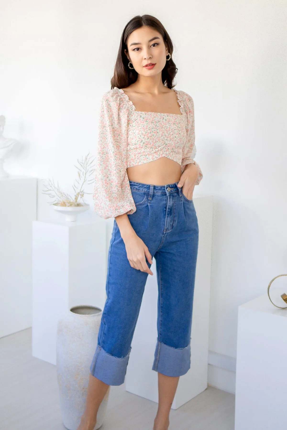 ROSETTE FLORAL SLEEVE TOP IN STRAWBERRY MILK