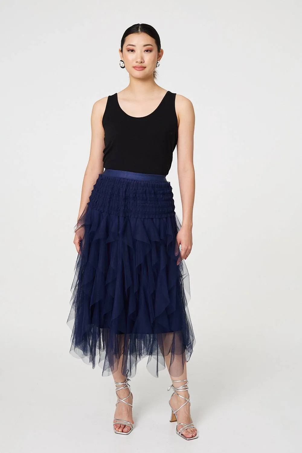 Ruffled Sheer Mesh High Waist Midi Skirt