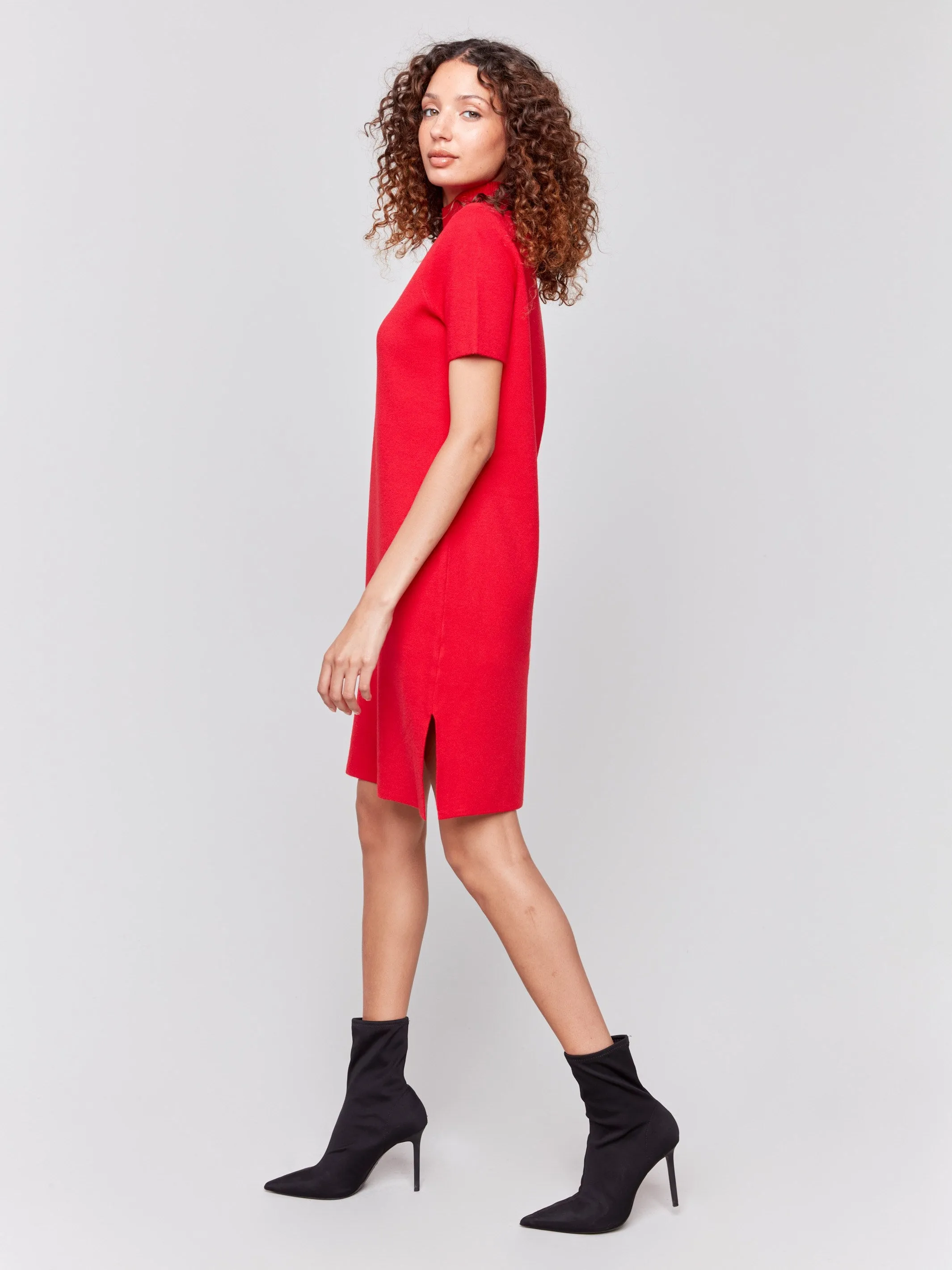 Short-Sleeve Mock Neck Sweater Dress - Cranberry